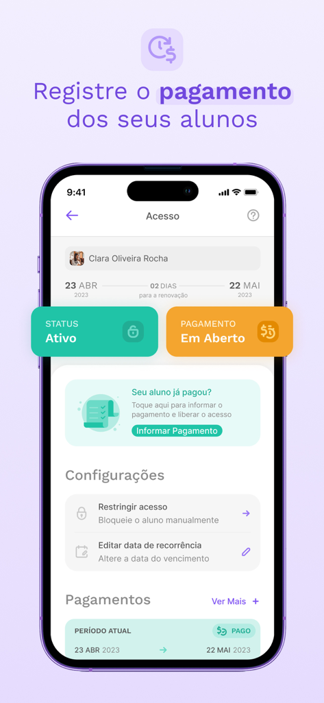 A mobile screen from Tecnofit for Personal Trainers showing client payment status, billing management, and access control settings.