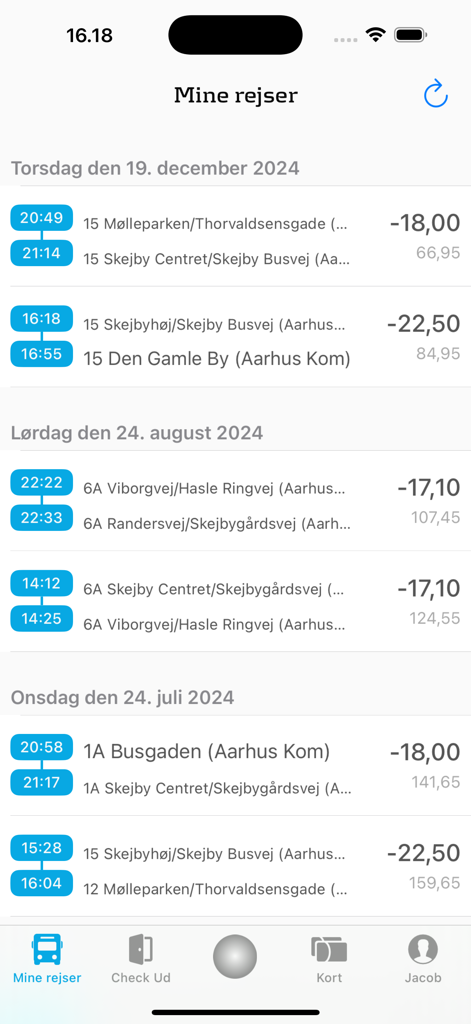 Rejsepartner til Rejsekort - Screenshot of the Rejsepartner app showing a detailed list of past public transit trips and their costs