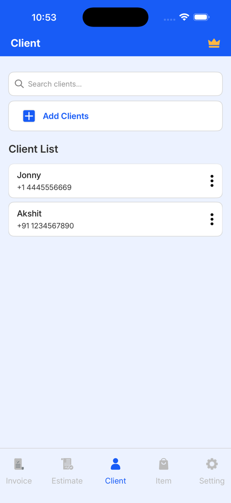 Instant Invoice Generator - Mobile screen showing the client management interface of the Instant Invoice Generator app with a searchable client list and an add client button