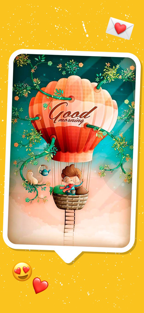 Greetify eCards,Birthday cards - Um e-card caprichoso de Bom Dia do aplicativo Greetify apresentando um personagem em ilustração de balão de ar quente.