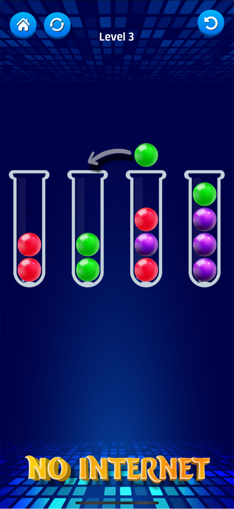 Ball Puzzle: Sort Color Balls - Captura de pantalla del juego Ball Puzzle Sort Color Balls mostrando el nivel tres y la función de juego sin conexión