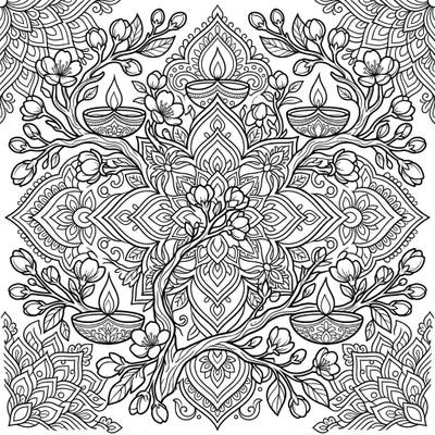 Immerse yourself in a beautiful blend of cultures with this unique coloring page featuring delicate cherry blossom buds intertwined with festive Diwali diyas. This intricate design offers a calming and creative escape for colorists of all ages.