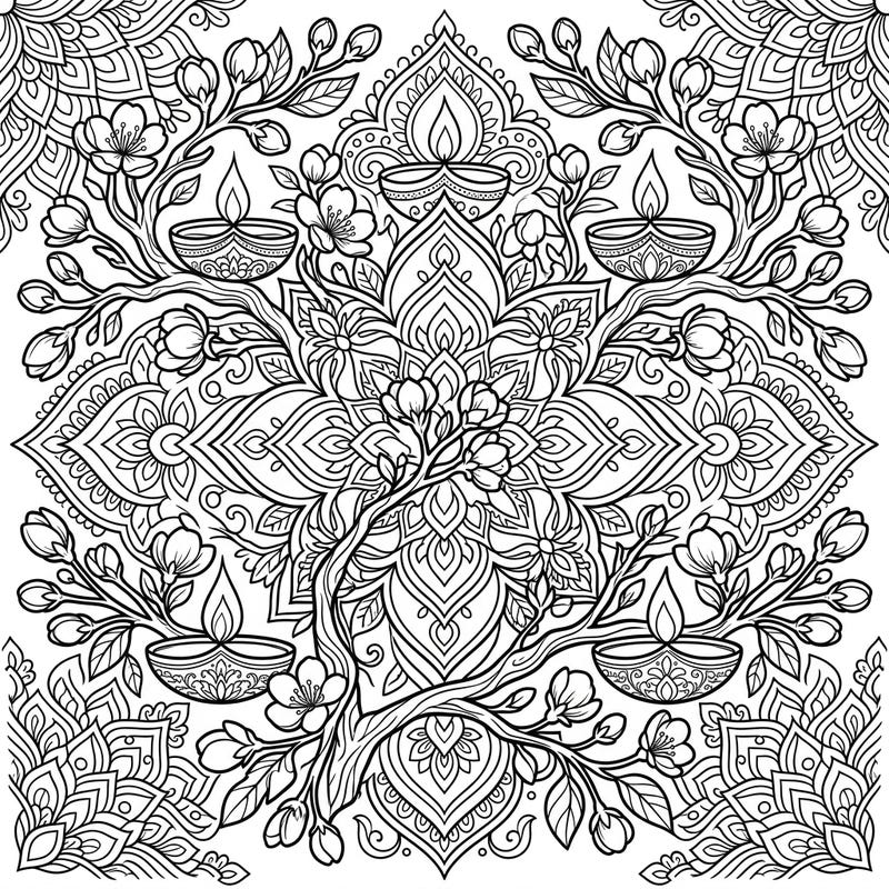 Immerse yourself in a beautiful blend of cultures with this unique coloring page featuring delicate cherry blossom buds intertwined with festive Diwali diyas. This intricate design offers a calming and creative escape for colorists of all ages.