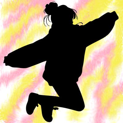 realistic girl jumping with a bun and oversized sweatshirt