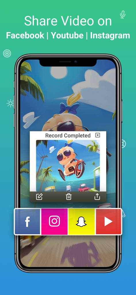 Interface of the Reaction Cam app showing a completed recording with options to share to Facebook Instagram Snapchat and YouTube