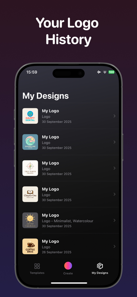 AI Logo Maker & Logo Creator - Mobile App-Bildschirm, der eine Historie von benutzerdefinierten Logos zeigt, die mit dem KI Logo-Ersteller-Tool erstellt wurden