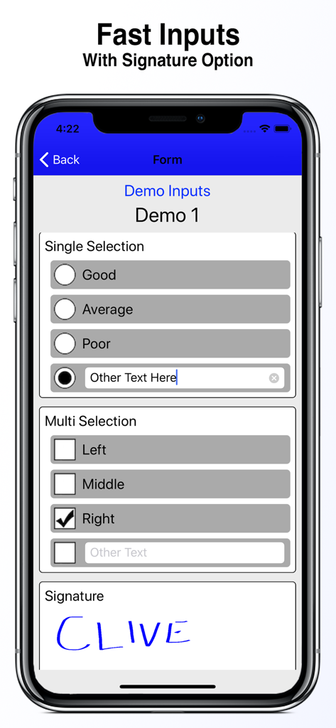 Interface de aplicativo móvel mostrando entradas de formulário com seleção única, seleção múltipla e um campo de assinatura digital.