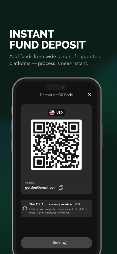 eUSD Card - eUSD Card App-Bildschirm mit der Funktion zur sofortigen Geldeinzahlung und einem QR-Code für USD-Überweisungen