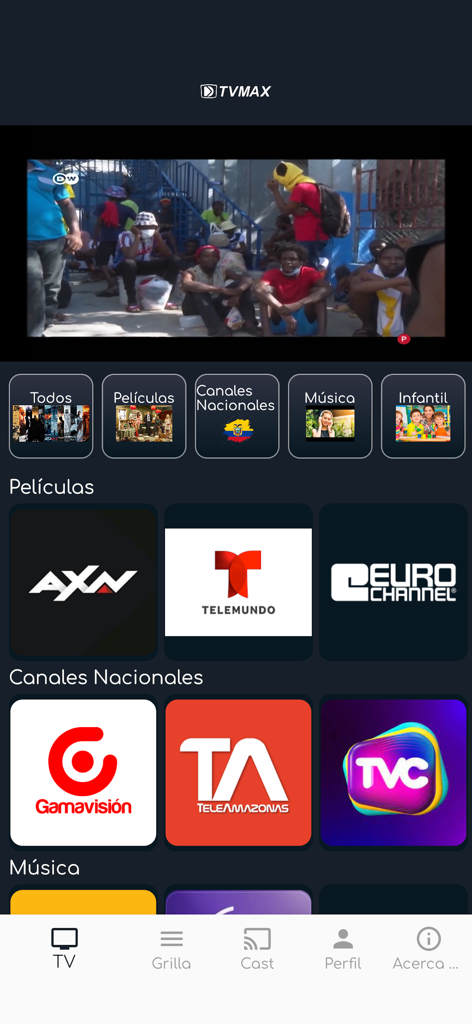 TVMAX - TVMAX app interface showing Spanish language television categories and national channel logos
