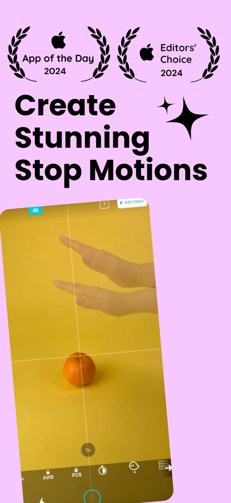Life Lapse app interface showing the ghost overlay tool for stop motion animation with Apple Editors Choice and App of the Day awards.