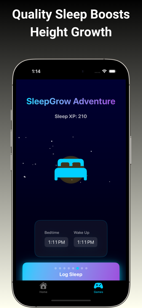 GenTallアプリのSleepGrow Adventure画面。身長成長報酬のための睡眠記録を表示。