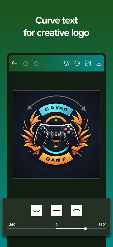 Logo Esport Maker - Mascot - Esport logo maker app interface showing curved text options for a gaming logo
