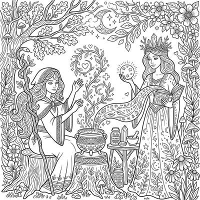 Immerse yourself in the world of benevolent White Witches with this beautifully intricate adult coloring page. Featuring a mystical forest ritual, it offers a calming and creative escape for coloring enthusiasts.