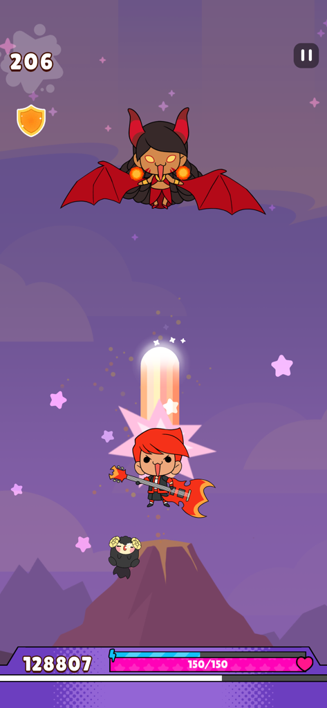 Ragazza magica con un'ascia chitarra che combatte un nemico alato in una battaglia ritmica