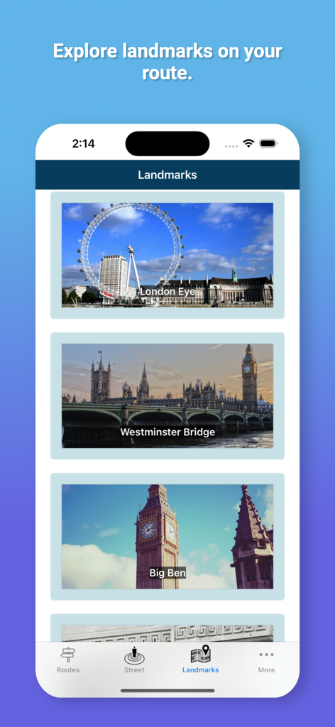 Remote Walk: Virtual Walking - A list of London landmarks like the London Eye and Big Ben within the Remote Walk app interface