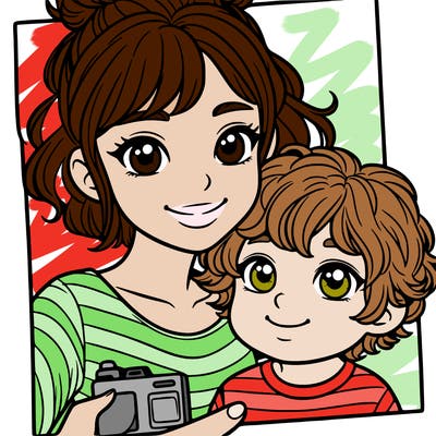 beautiful girl with short curly hair taking a photo with her little brother