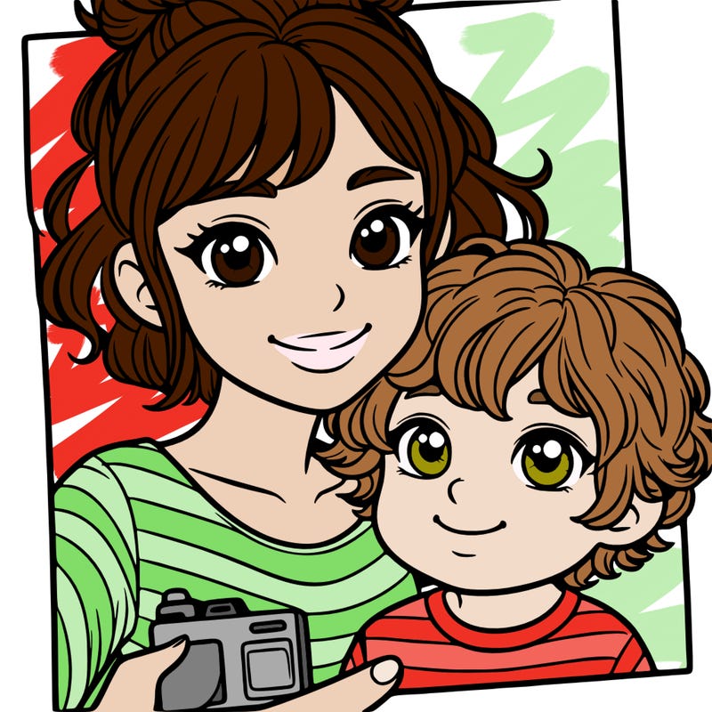 beautiful girl with short curly hair taking a photo with her little brother