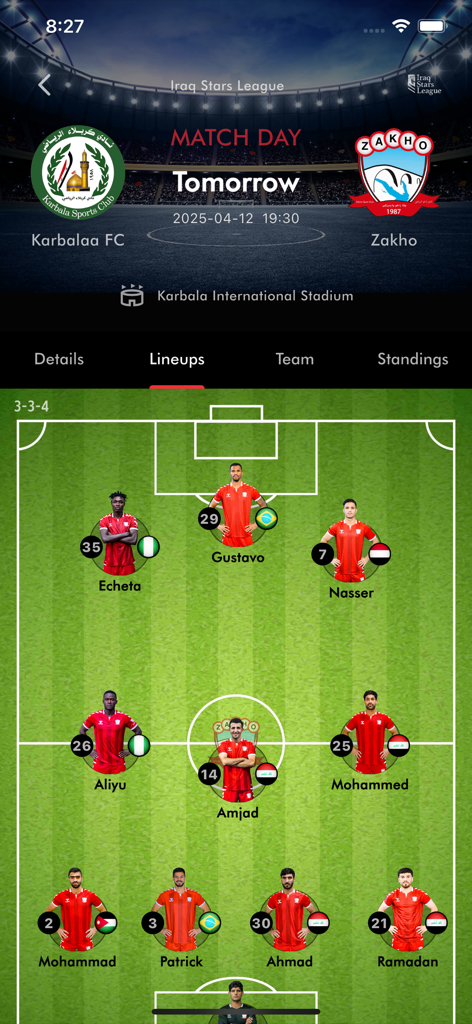 Zakho SC - L'interfaccia dell'app Zakho SC mostra la formazione iniziale e la formazione 3-3-4 per una partita di calcio contro il Karbalaa FC