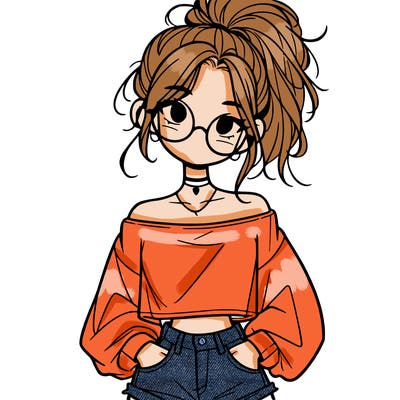 girl with a messy ponytail glasses a baggy crop top and jean shorts