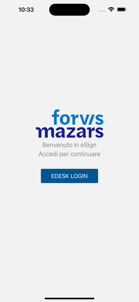 eSign - Écran de connexion de l'application eSign de Forvis Mazars avec un bouton de connexion Edesk
