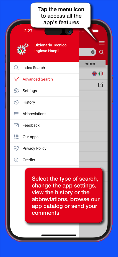 Marolli Technical Dictionary - Main navigation menu of the Marolli Technical Dictionary app showing search options and settings