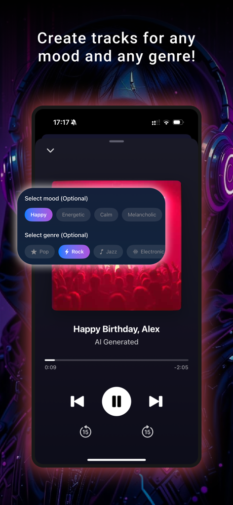 MUSE: Song Generator & AI - MUSE App-Oberfläche zur Auswahl der KI-Musikstimmung und des Genres.