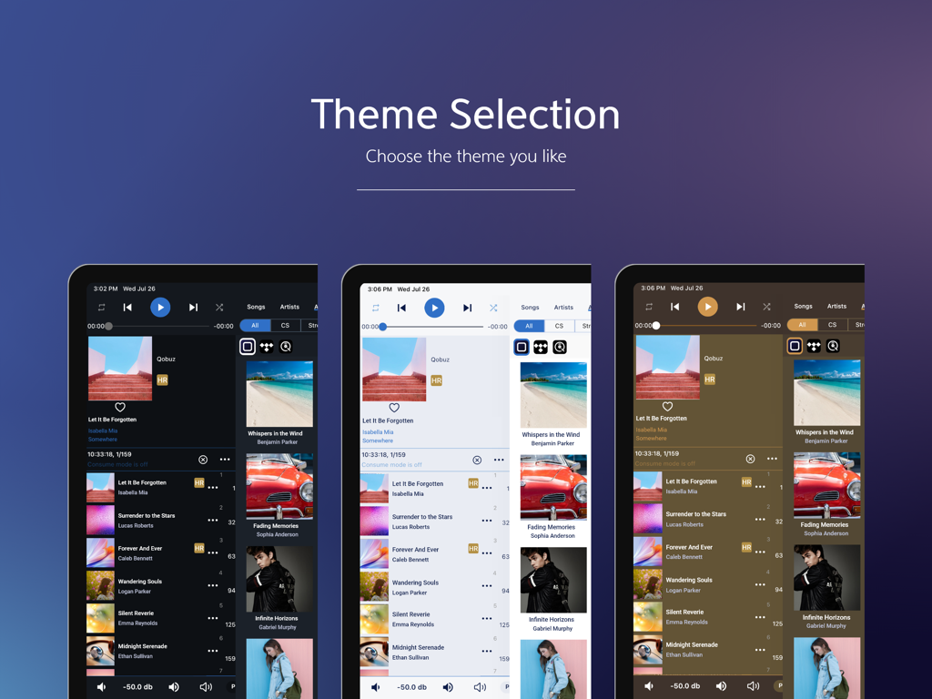 Aurender Conductor V5 - Aurender Conductor V5 app showing dark light and sepia interface theme options on an iPad