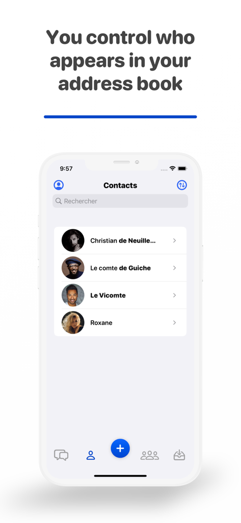 Olvid - Interface do aplicativo Olvid mostrando a lista de contatos gerenciada pelo usuário para privacidade aprimorada