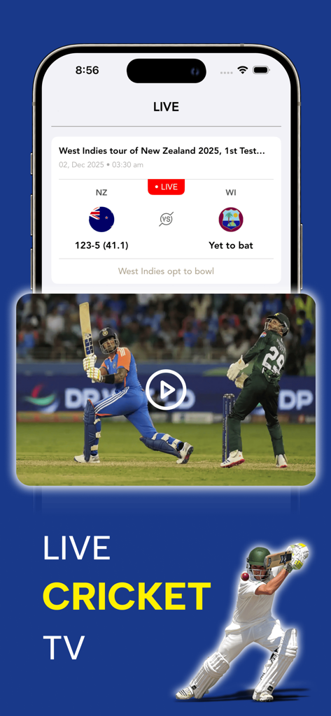 CricFy TV app interface showing live cricket match scores and video highlights on a mobile device.