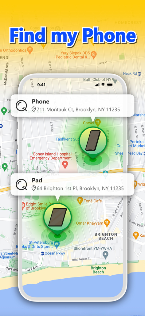 A map interface showing the real-time GPS locations of a phone and a tablet in Brooklyn