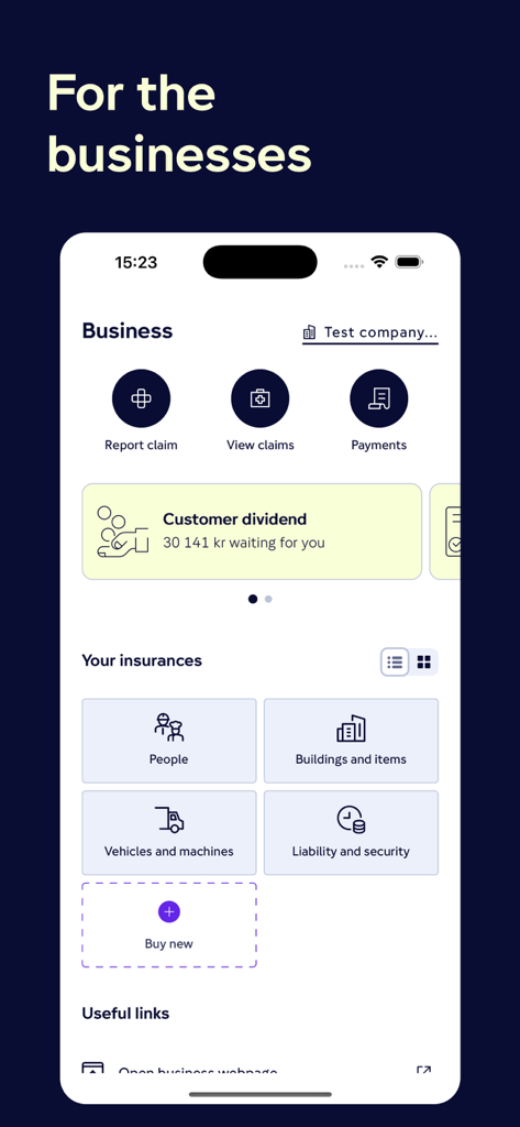 Gjensidige - Geschäfts-Dashboard in der Gjensidige-App, das Versicherungspolicen, Schadensfälle und Kundengewinne anzeigt.