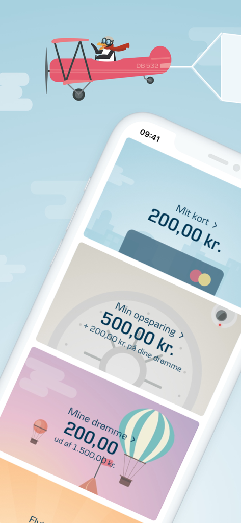 Mobile screen of the Lommepenge app showing account balances for spending and savings goals for children.