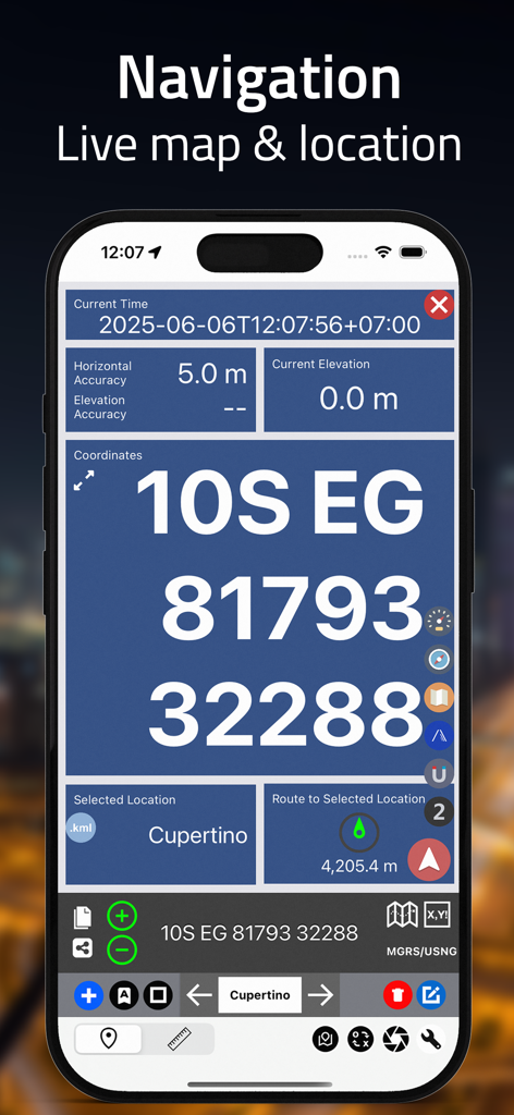 Live navigation screen showing MGRS coordinates and location accuracy.