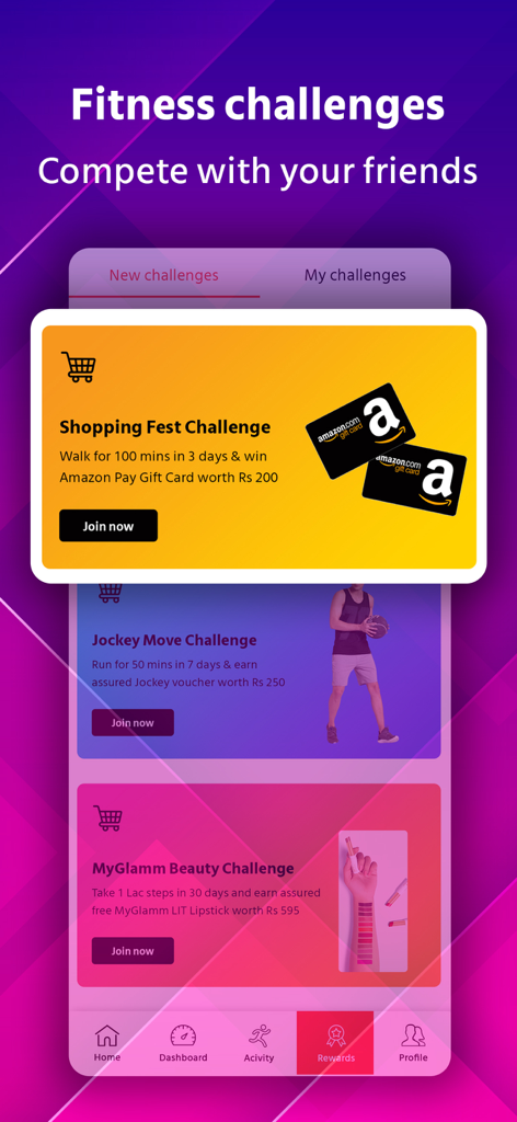 Growfitter - Growfitter app screen displaying various fitness challenges to win rewards like Amazon gift cards and beauty products.