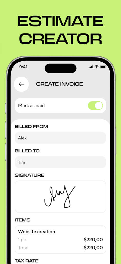 Mobile app screen showing the creation of an invoice with a digital signature and billing items.