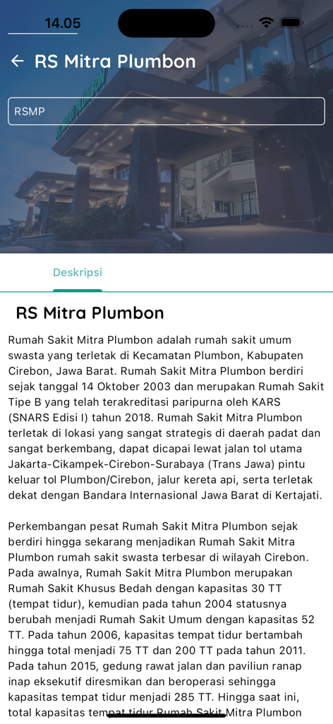 Information page for RS Mitra Plumbon hospital on the MP Healthcare app