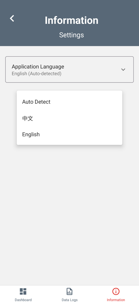 Rotork IQ3 Pro Actuator App - Menú de selección de idioma en la aplicación Rotork IQ3 Pro Actuator mostrando opciones para Detección automática, Chino e Inglés
