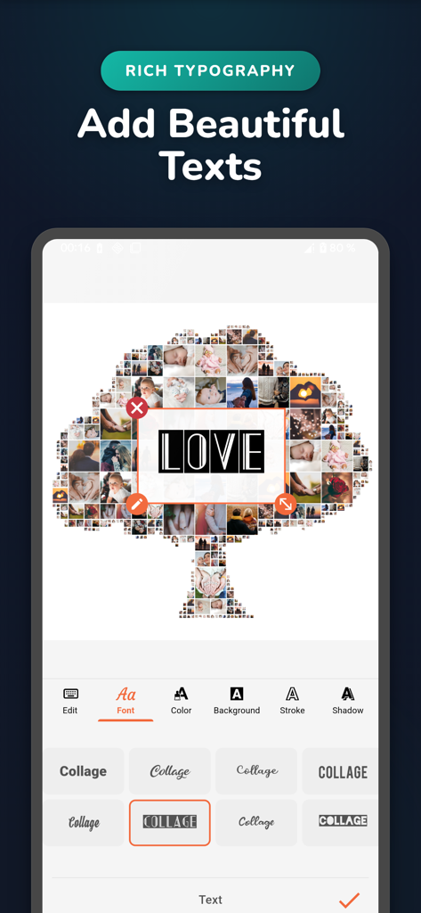 Phinsh Photo Collage Maker - Phinsh app interface showing rich typography and text editing options for a tree shaped photo collage