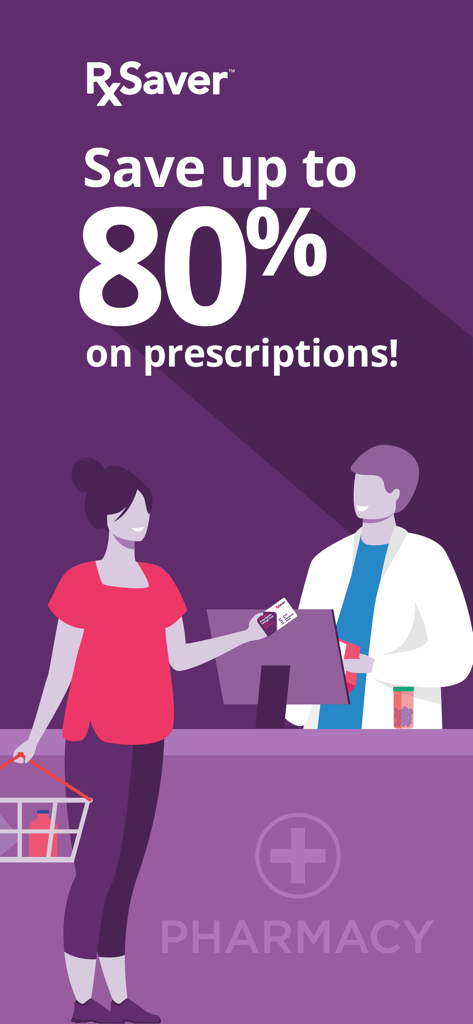 A woman using the RxSaver app at a pharmacy counter to save eighty percent on prescription medications.