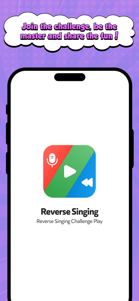 Splash screen of the Reverse Audio Play Challenge app featuring the Reverse Singing logo and a call to join the challenge