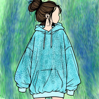 realistic girl with a oversized sweatshirt on and a bun
