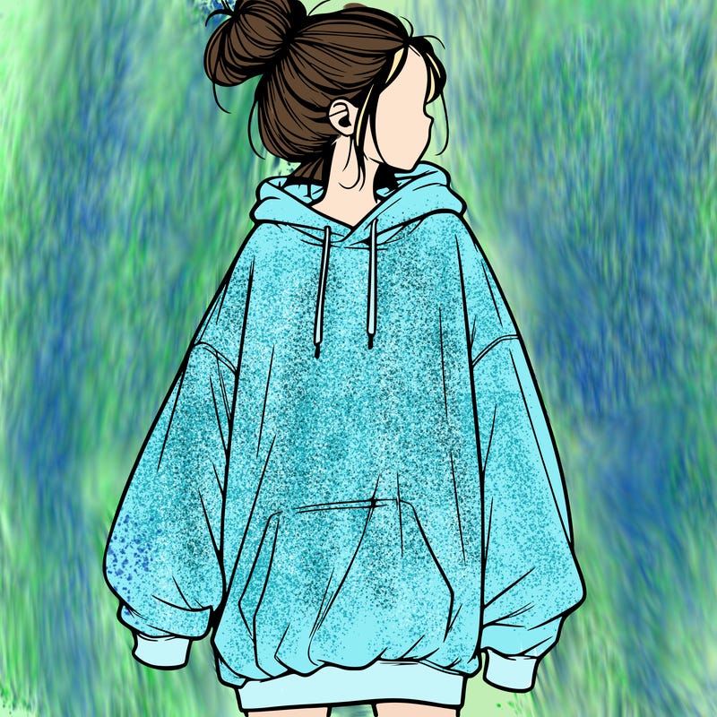realistic girl with a oversized sweatshirt on and a bun