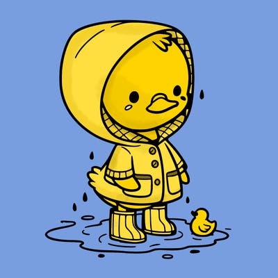 baby duck in a rain coat and boots, in a puddle while it’s raining