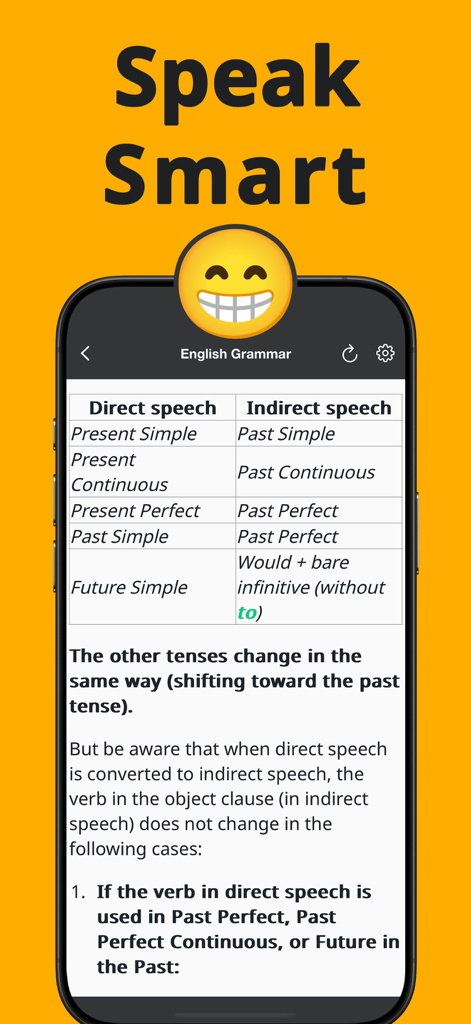 Perfect English Grammar - Una tabla comparativa de tiempos verbales para convertir el discurso directo en discurso indirecto en la aplicación
