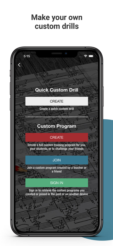 Complete Music Reading Trainer - Screenshot of the Complete Music Reading Trainer app interface for creating custom music reading drills and programs.
