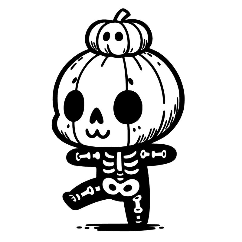 cute skeleton with a pumpkin on its head while dancing