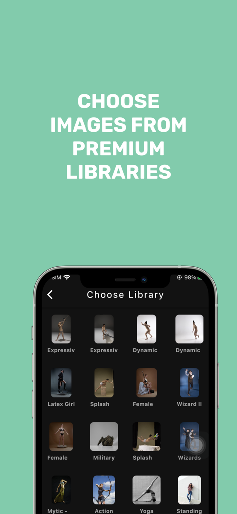 Gesture Drawing App - Pantalla de la App de Dibujo de Gestos mostrando una selección de bibliotecas de poses premium como referencia artística