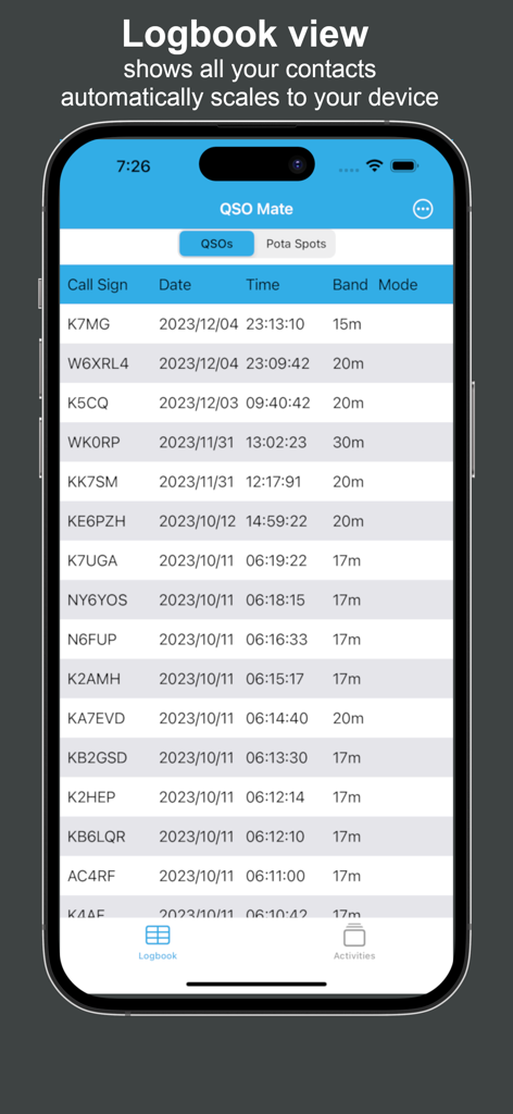 qsomate - Interfaz del registro de radioaficionado QSOMate mostrando la lista de contactos con indicativos y fechas