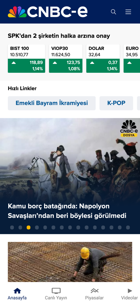 CNBC-e - CNBC-e app interface with market data for BIST 100 and financial news headlines