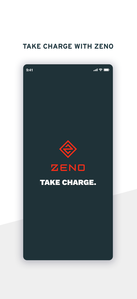 ZENO - BOOK YOUR EV MOTORBIKE - Zeno EV Motorrad App Splash Screen mit Logo und Slogan "Take Charge"